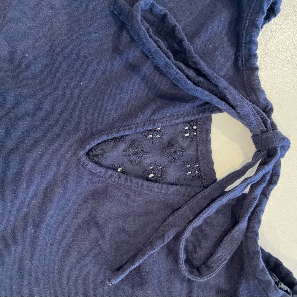 LOFT Navy Eyelet Cotton Flutter Sleeve Blouse Boho Cottagecore Top Medium - Picture 7 of 9